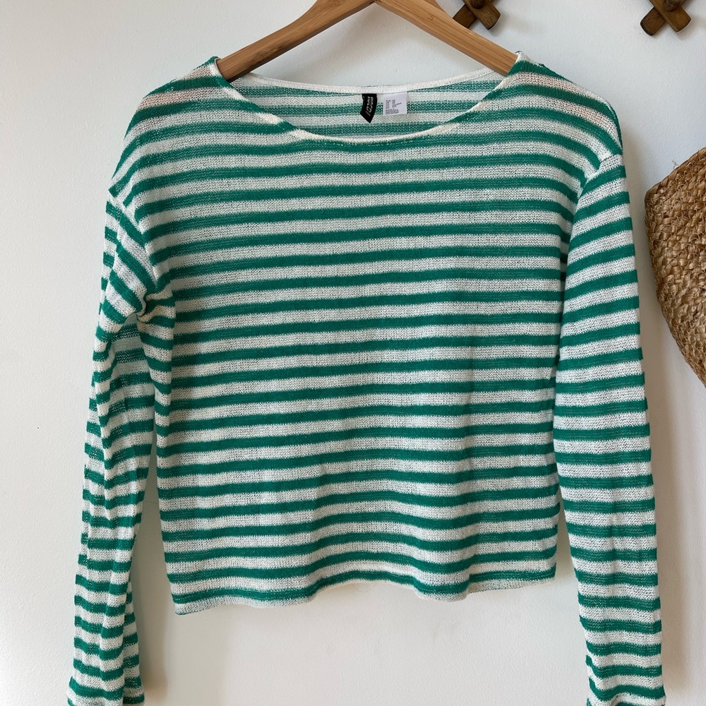 Cropped Long Sleeved Knit Green and White Striped Women's Top